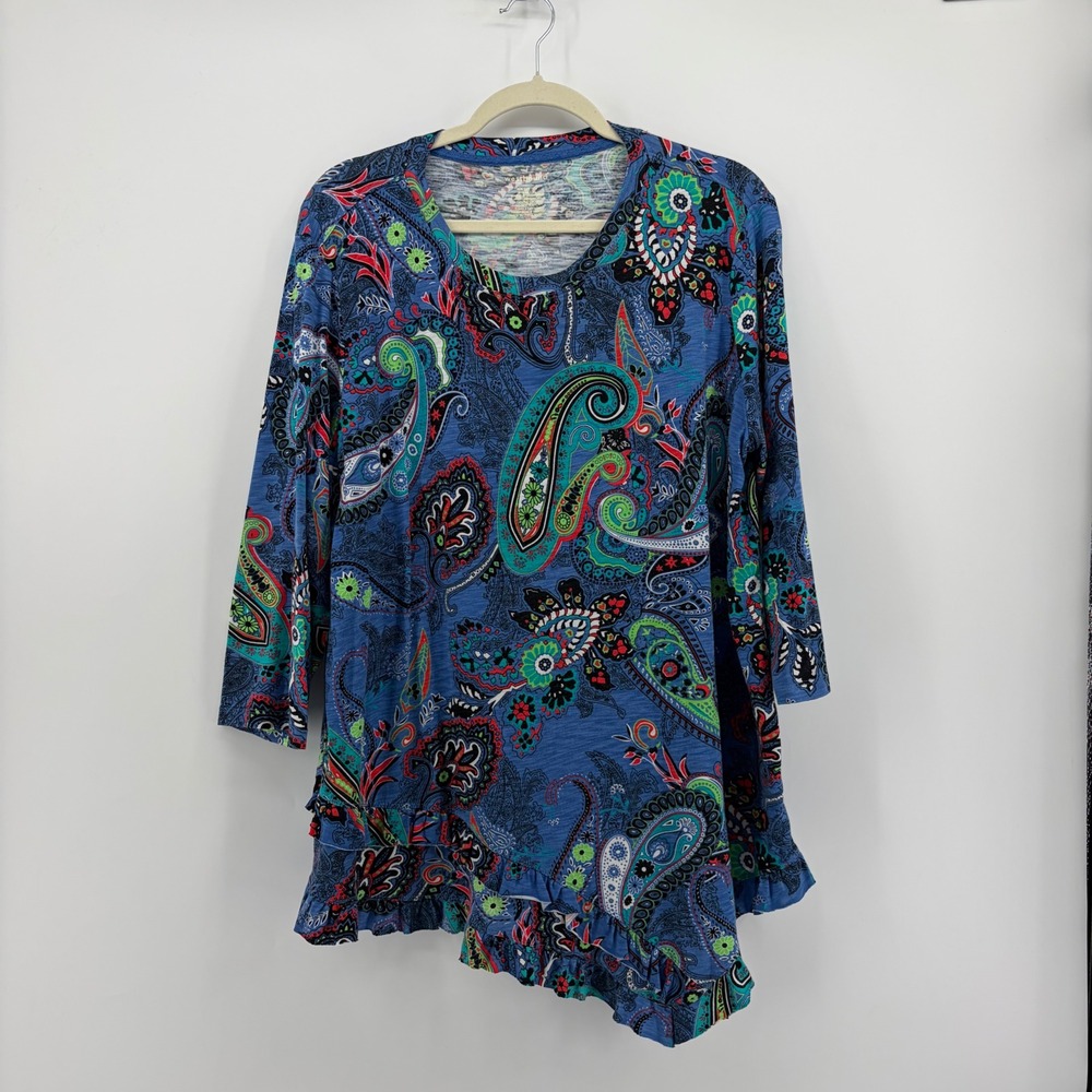 Westbound Womens XL Blue Paisley Tunic Top Asymmetrical Ruffle 3/4 Sleeve
